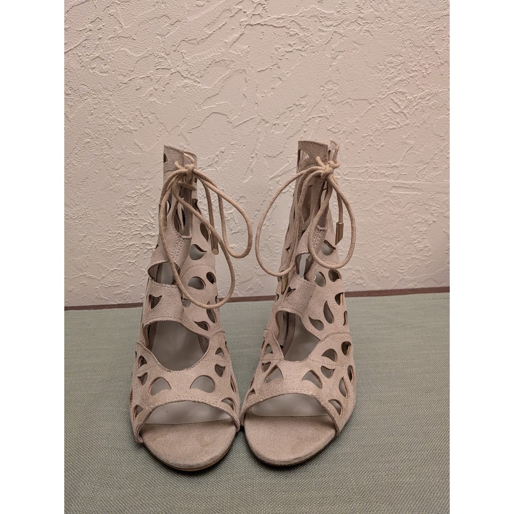 Aldo Womens Beige Suede Laser Cut Lace Up Peep Toe Heeled Sandals Size 8 US 38.5